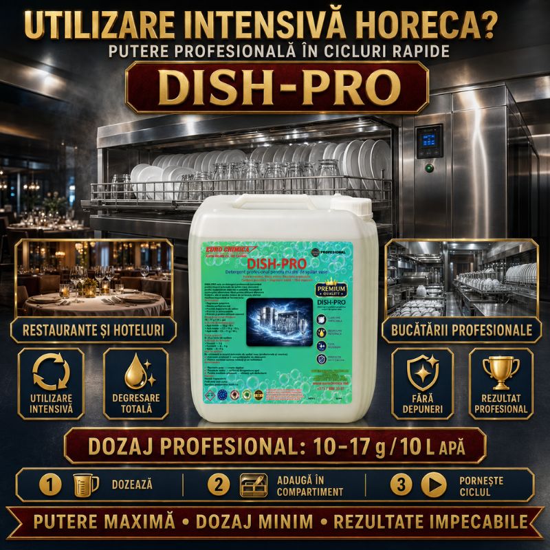 Detergent profesional pentru mașini de spălat vase. Degresare puternică, fără reziduuri și calcar. Ideal pentru HoReCa și uz casnic – DISH-PRO.
